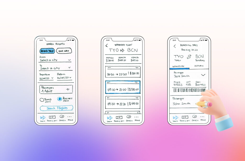  A paper prototype consisting of hand-drawn sketches on paper, depicting a simple user interface layout with buttons and text fields.